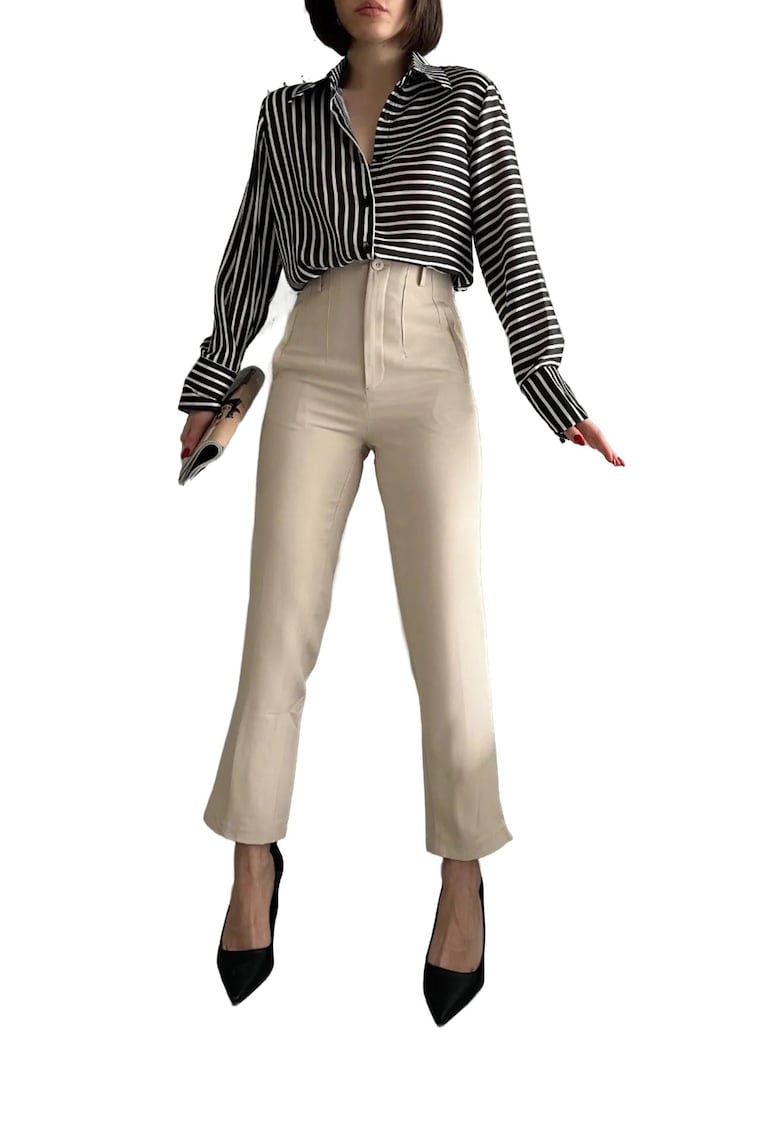 Pantaloni dama - talie inalta - plisati - bej natural - poliester-viscoza-elastan -