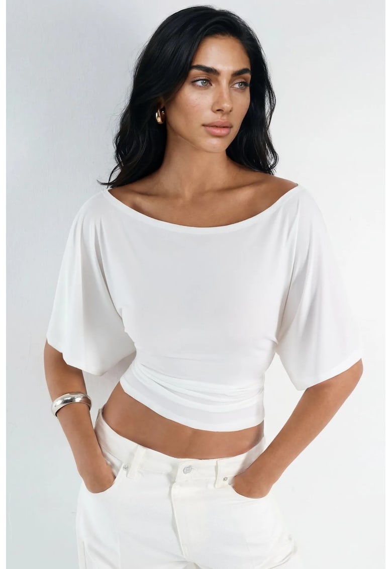 Tricou dama - top tricotat - maneca scurta - alb - poliester/elastan
