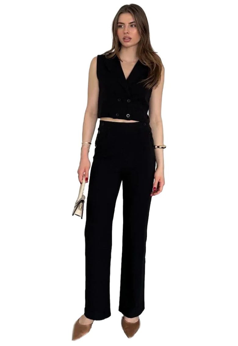 Set coordonat dama - talie inalta - decolteu in V - pantaloni largi - negru - 50% bumbac/35% viscoza/15% in -
