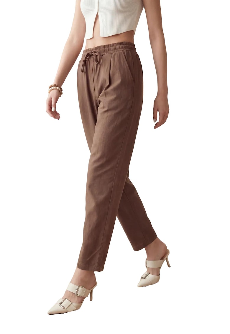 Pantaloni dama - casual - cu snur in talie - maro camel - 100% bumbac
