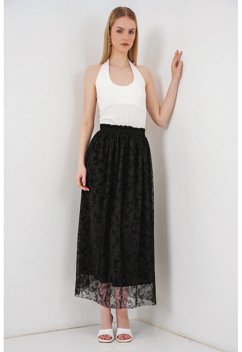 Fusta maxi floral - casual - neagra - 100% bumbac - fara inchidere -