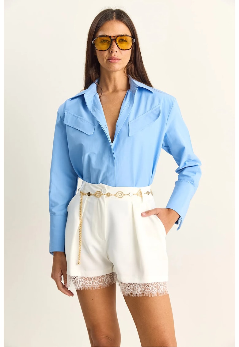 Pantaloni scurti dama - talie inalta - croiala larga - dantela - Alb - poliester cu elastan