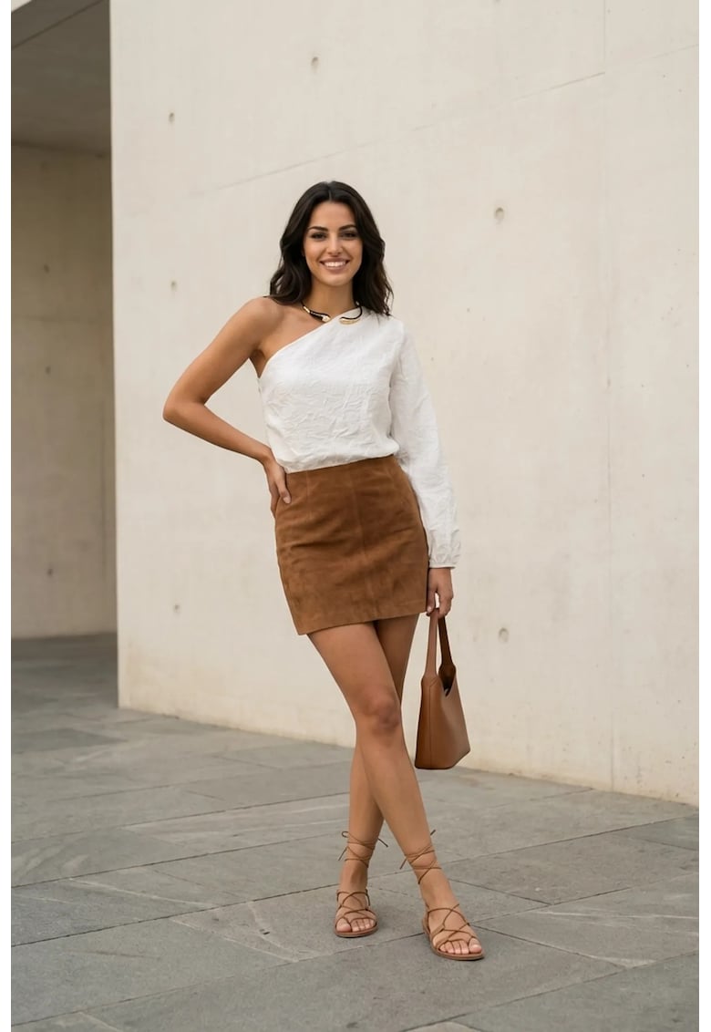 Bluza dama - poplin de bumbac - umeri goi - decupaj - alb prafuit