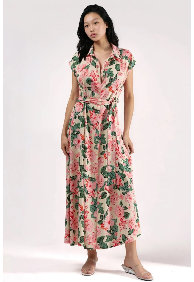 Rochie camasa midi - imprimeu - roz - 100% viscoza