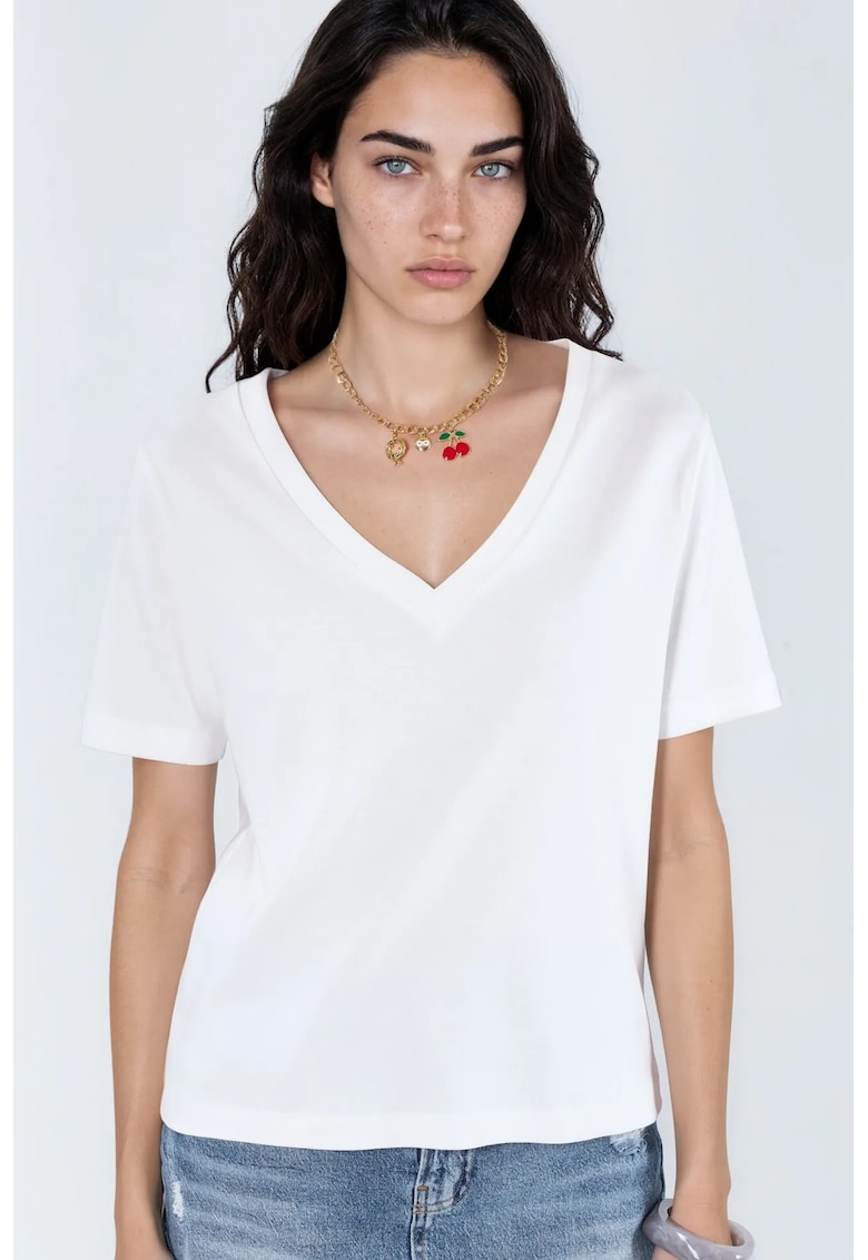 Tricou regular fit - decolteu in V - alb - bumbac