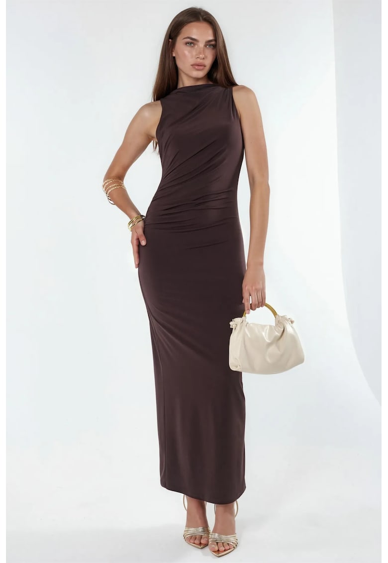 Rochie Maxi Bodycon Midi - detaliu drapat - maro castaniu - poliester-elastan