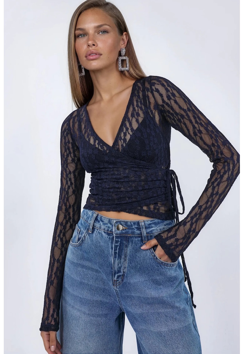 Bluza dama Crop din Dantela - decolteu in V - detalii cu snur - albastru marin - poliester-elastan