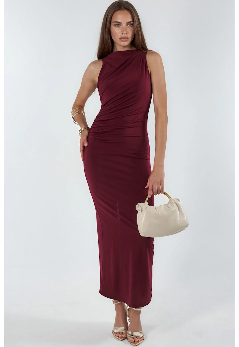 Rochie Midi Bodycon - Detaliu Drapat - Rosu Burgundy - Poliester-Elastan