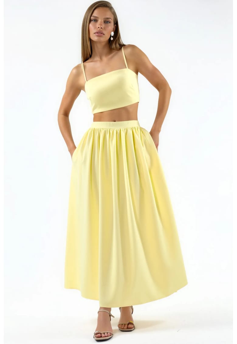 Set asortat din doua piese - bluza cu guler patrat - fusta cu talie inalta - galben lamaie - poliester-elastan -