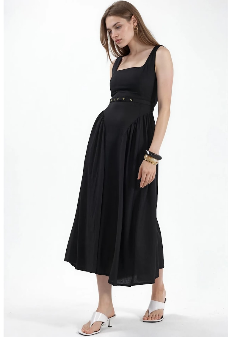 Rochie Midi Neagra - Poliester - Fara Maneci - Decolteu Patrat
