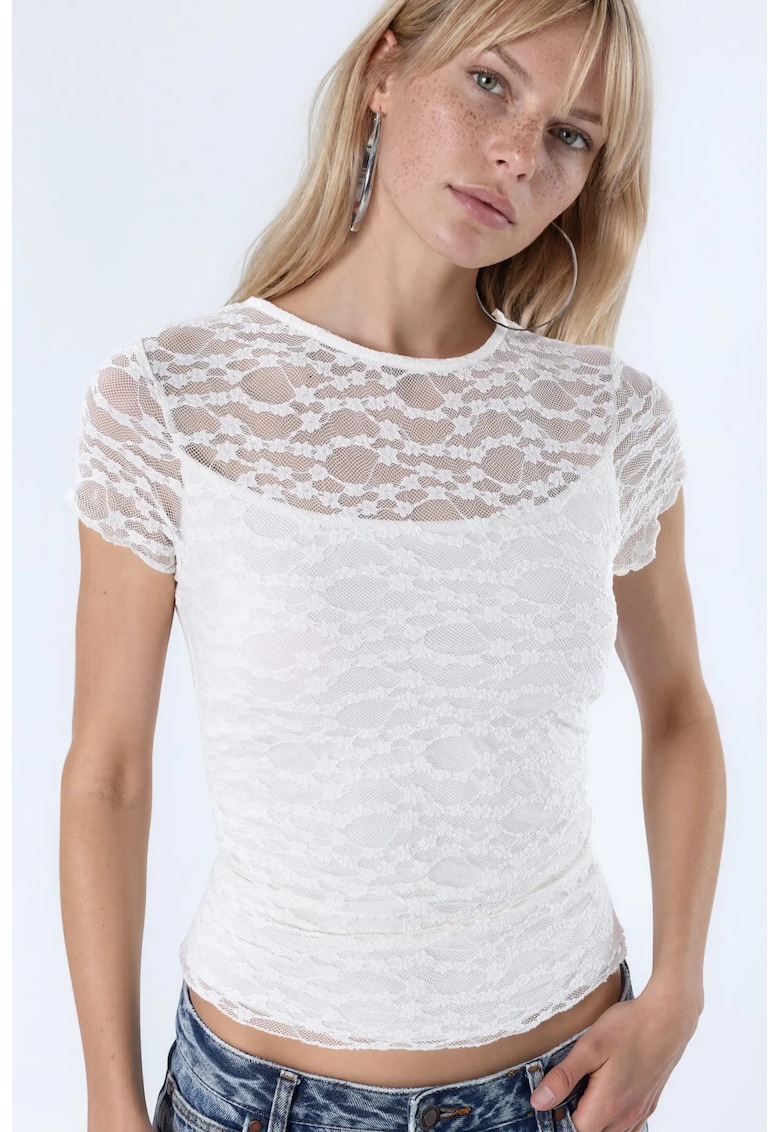 Tricou dama - dantela tricotata - slim fit - alb - captusit
