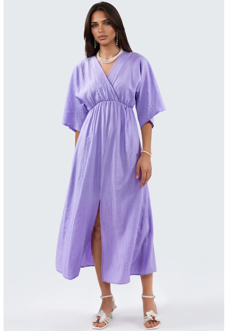 Rochie midi - petrecuta - decolteu in V - mov lavanda - poliester