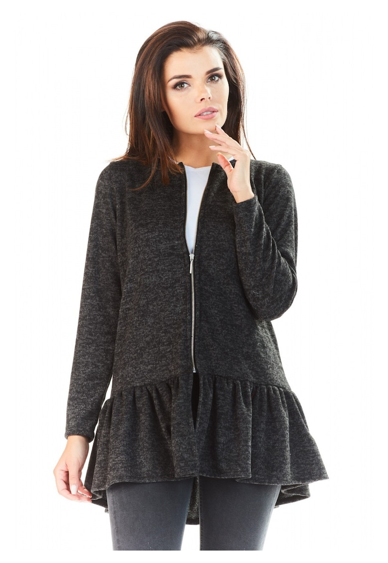 Cardigan Lung - Negru - L-XL - Fermoar Practic - Volan Elegant - Subtiaza Silueta - Protectie Frig - Aspect Sic - Confort Premium - Design Modern