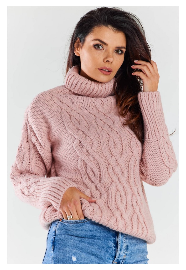 Pulover Calduros - Roz - One Size - Guler Inalt - Model Impletit - Protectie Frig - Textura Moale - Confort Maxim - Stil Coz - Aspect Elegant