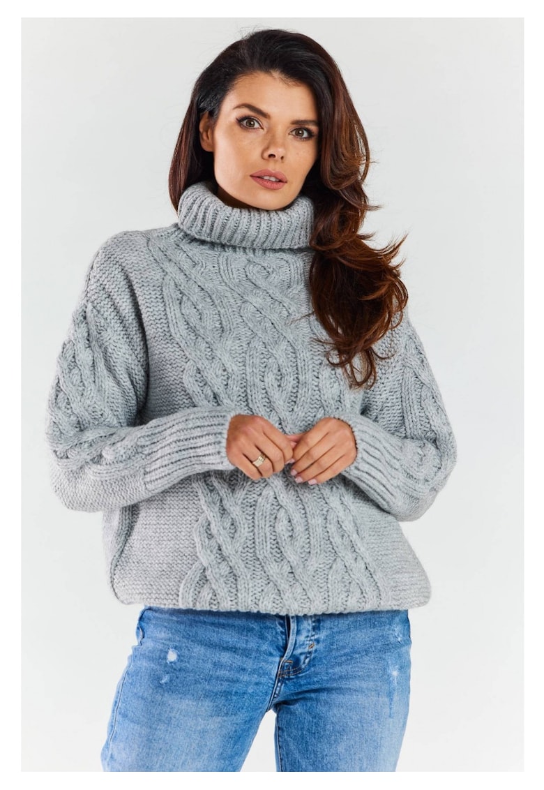 Pulover Calduros - Gri - One Size - Guler Inalt - Model Impletit - Protectie Frig - Textura Moale - Confort Maxim - Stil Coz - Aspect Elegant