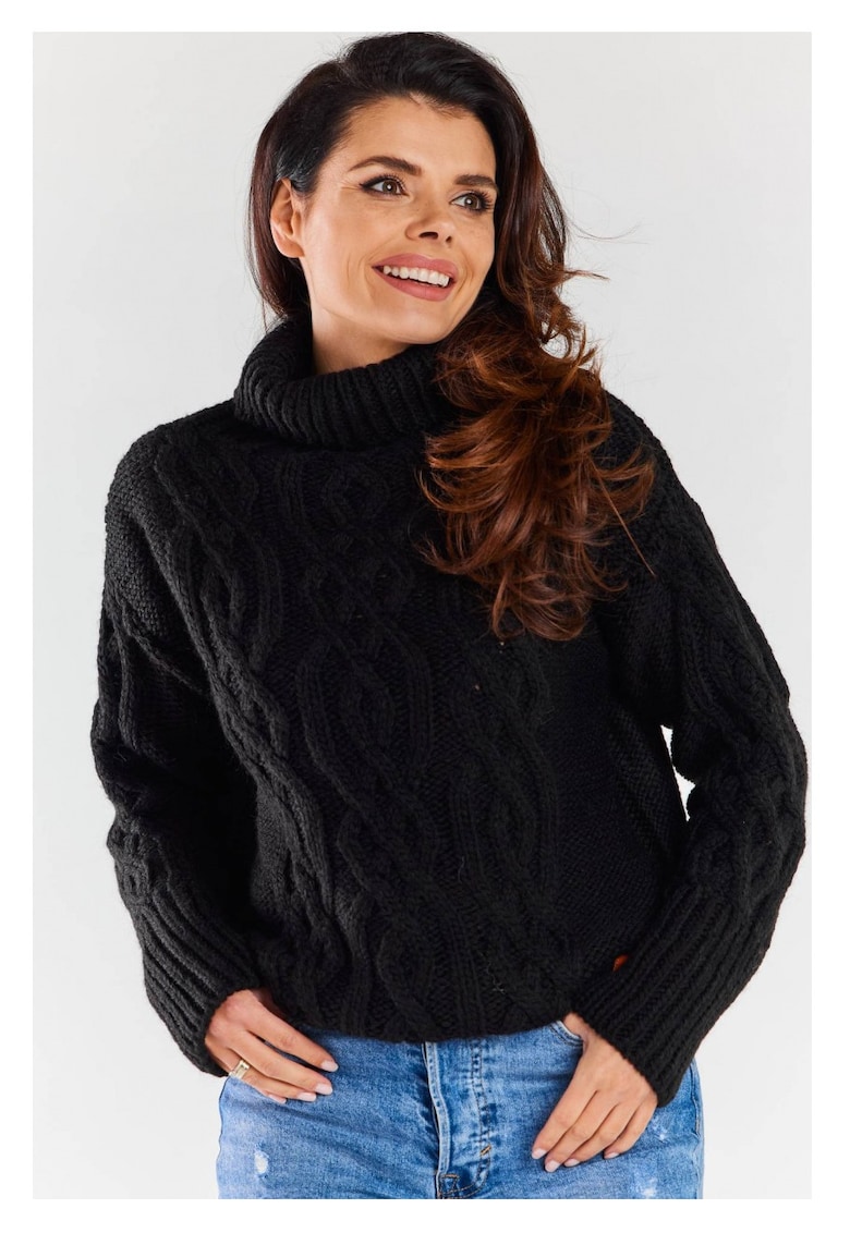 Pulover Calduros - Negru - One Size - Guler Inalt - Model Impletit - Protectie Frig - Textura Moale - Confort Maxim - Stil Coz - Aspect Elegant