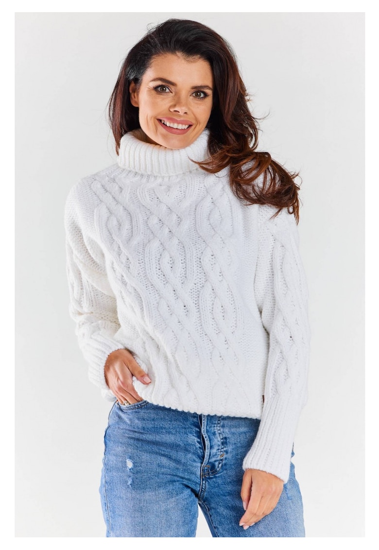 Pulover Calduros - Alb - One Size - Guler Inalt - Model Impletit - Protectie Frig - Textura Moale - Confort Maxim - Stil Coz - Aspect Elegant