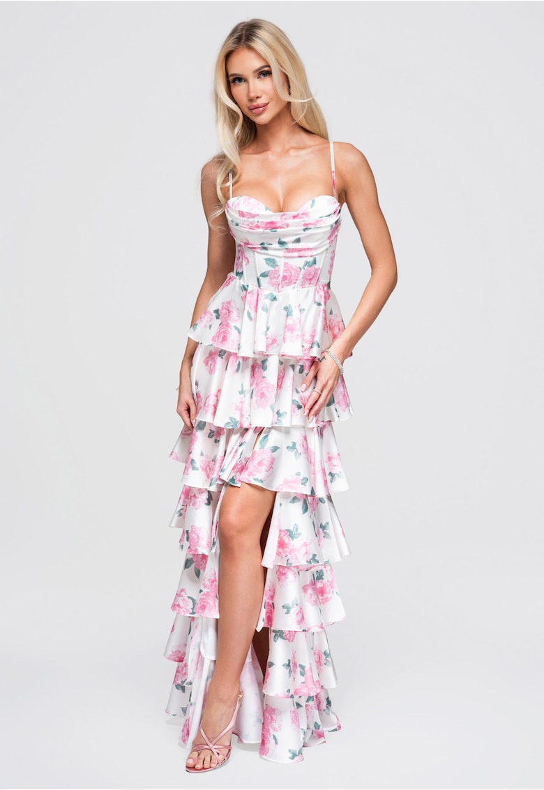 Rochie maxi cu bust ajustat si fusta evazata - bretele reglabile - detalii florale - Roz lucios