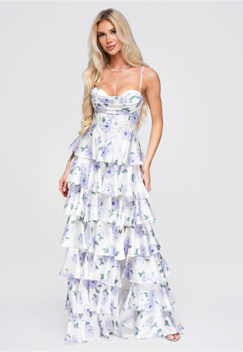 Rochie maxi cu bust ajustat si fusta evazata - ramitele reglabile - detalii florale - Violet