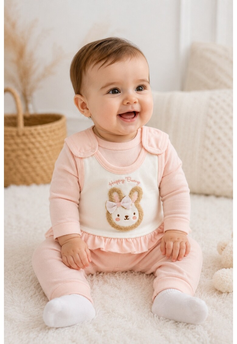 Set bebe fetita 2 piese roz pudra cu salopeta iepuras si bluza din bumbac