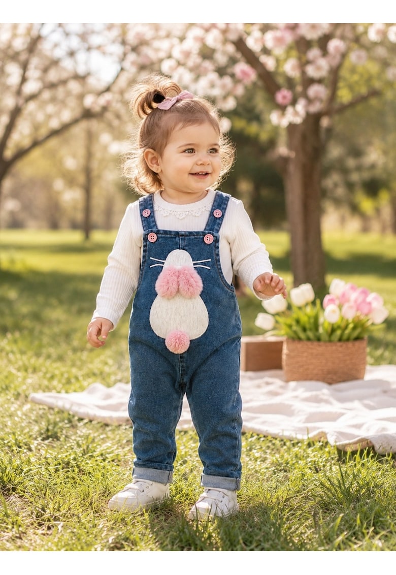 Compleu bebe fetita cu salopeta denim si bluza alba model iepuras