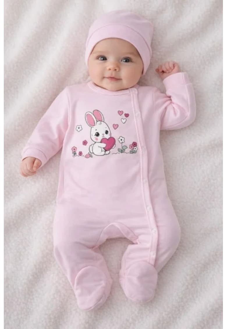 Salopeta bebe fete roz deschis iepuras inimioara bumbac cu caciula - Roz