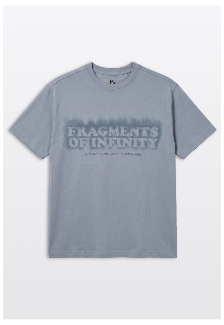 Tricou din bumbac cu imprimeu text si decolteu la baza gatului