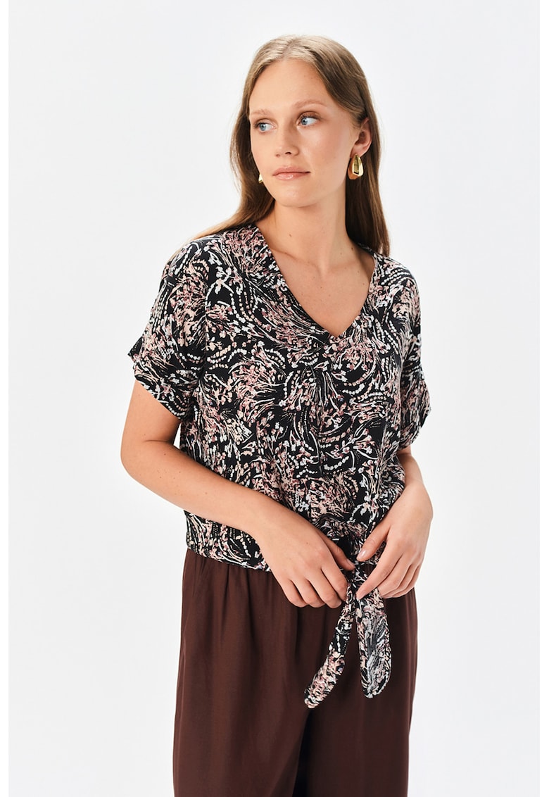 Bluza lejera cu decolteu in V - Alb/Negru/Roz prafuit