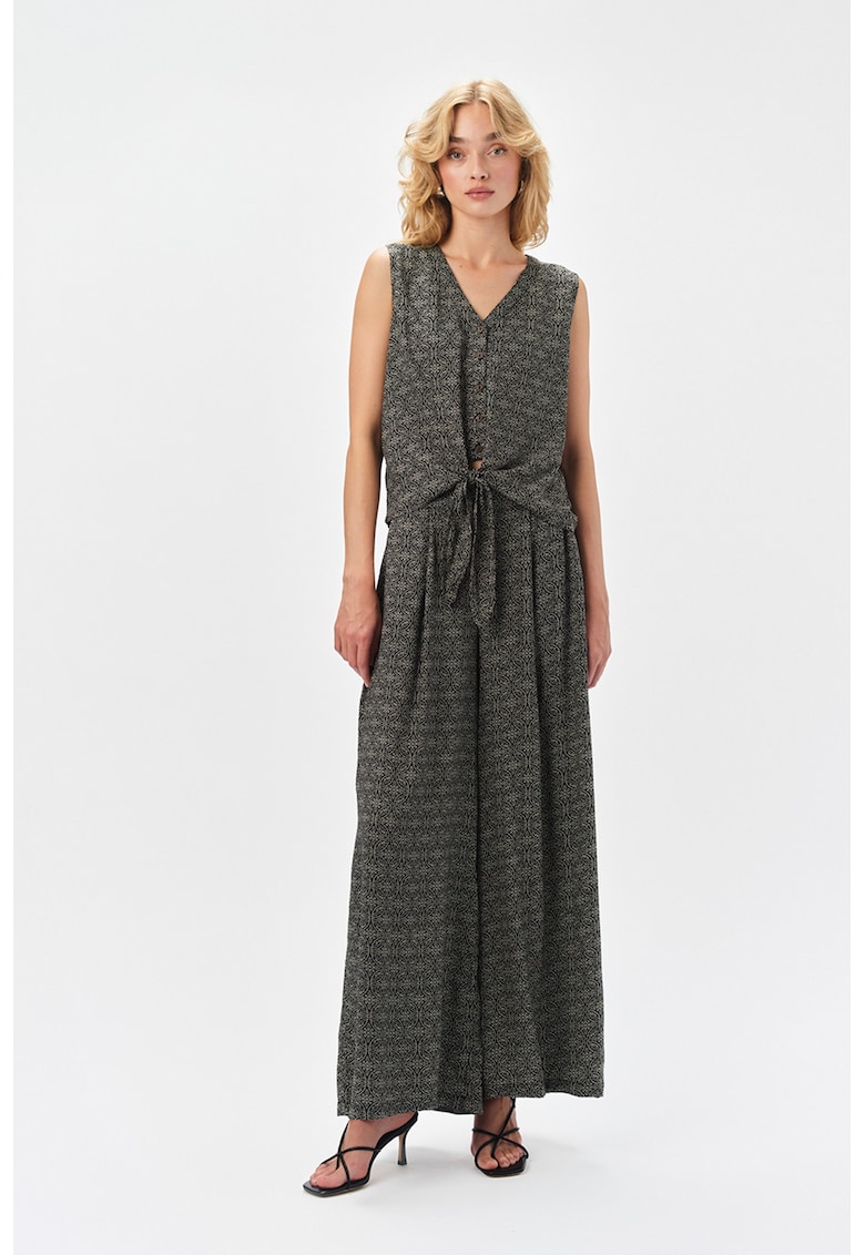 Pantaloni palazzo cu model - Negru/Verde stins