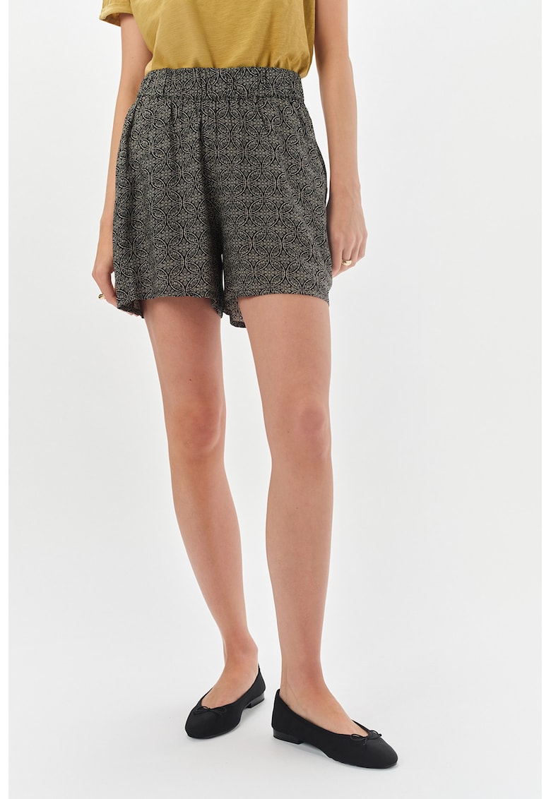 Pantaloni scurti cu model si talie elastica - Negru/Bej