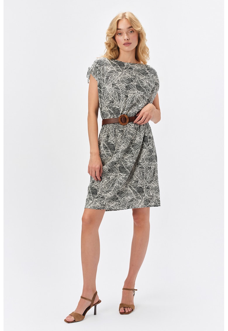Rochie scurta cu model si curea - Negru/Bej