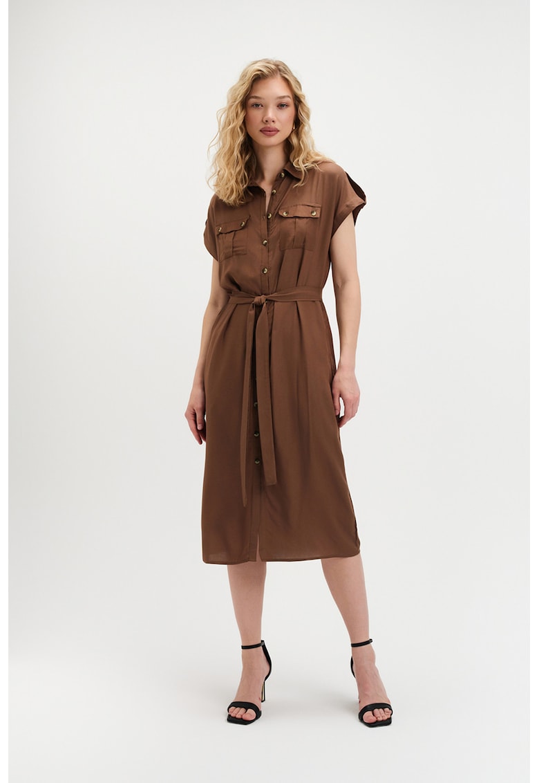 Rochie-camasa cu cordon in talie - Maro inchis