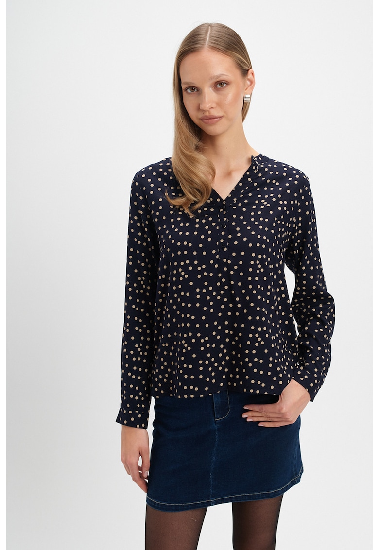 Bluza cu decolteu in V si fenta cu nasturi - Albastru ultramarin/Bej