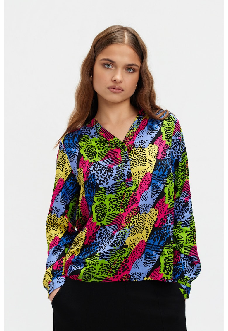 Bluza cu decolteu in V si fenta cu nasturi - Multicolor