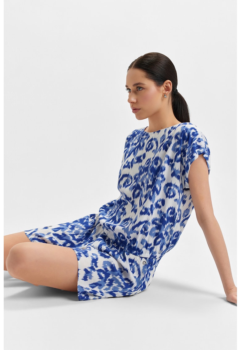 Bluza cu decolteu barcuta si imprimeu floral - Alb/Albastru