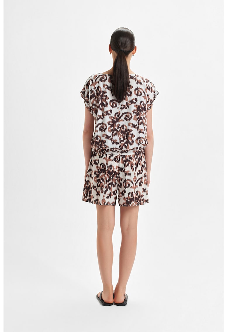 Bluza cu decolteu barcuta si imprimeu floral - Alb/Maro