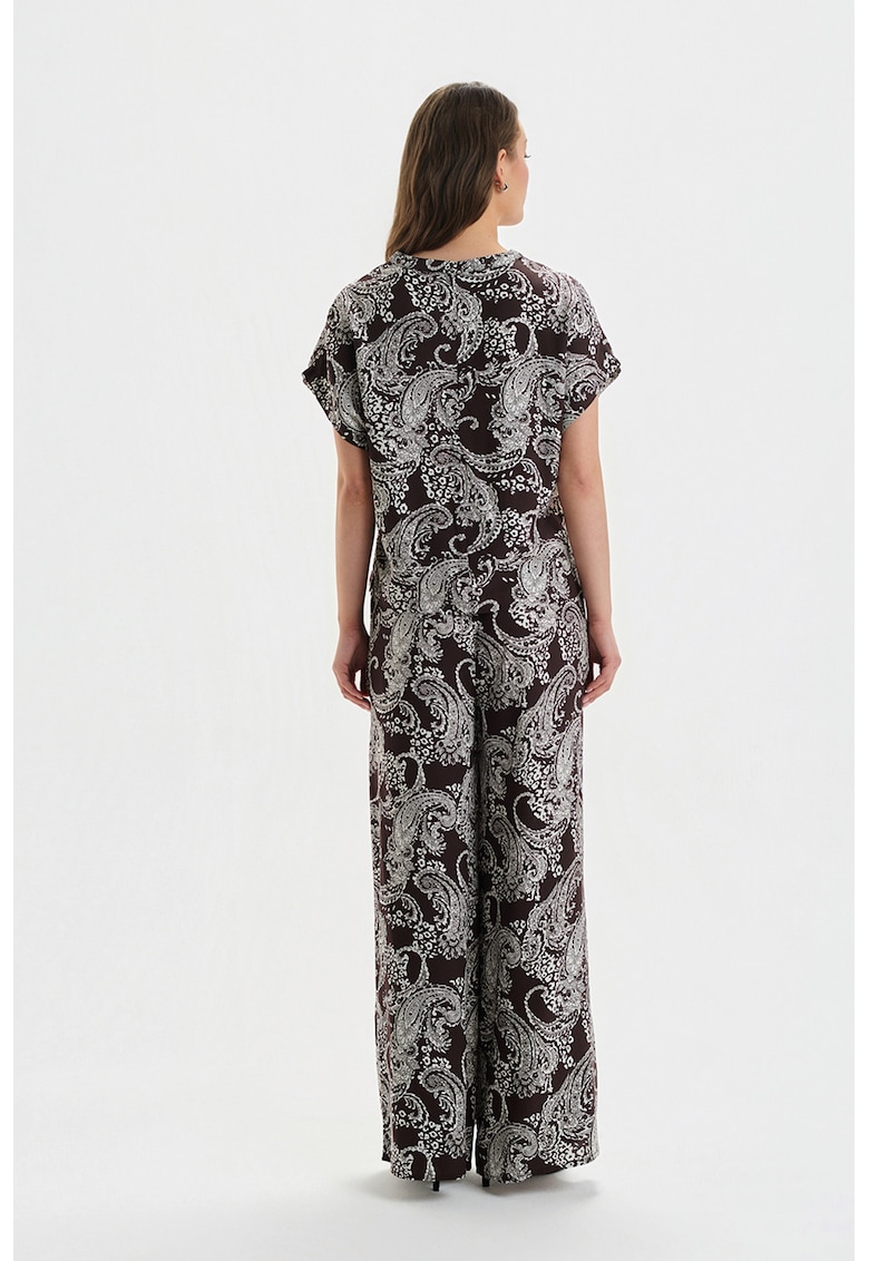 Bluza cu decolteu in V si model - Alb/Maro inchis