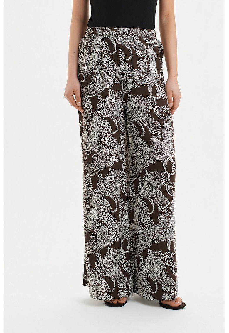 Pantaloni cu croiala ampla si model - Alb/Maro inchis