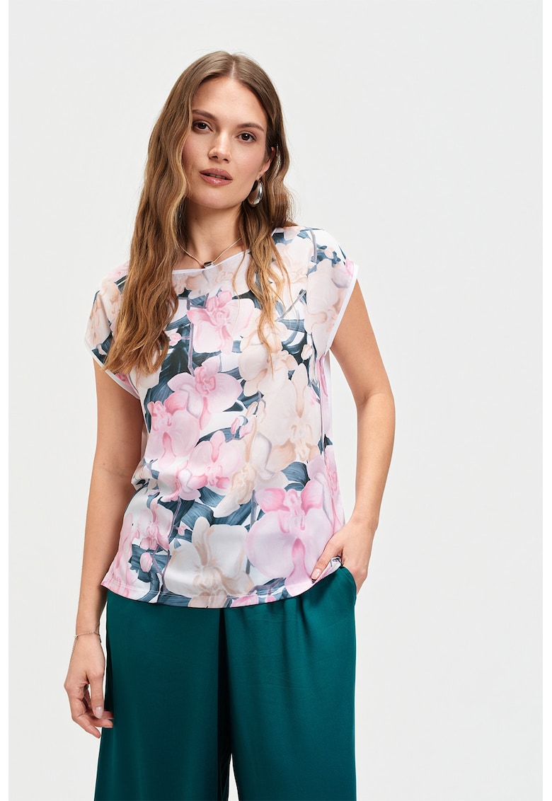 Bluza cu maneci scurte si imprimeu floral - Alb/Roz/Bleumarin