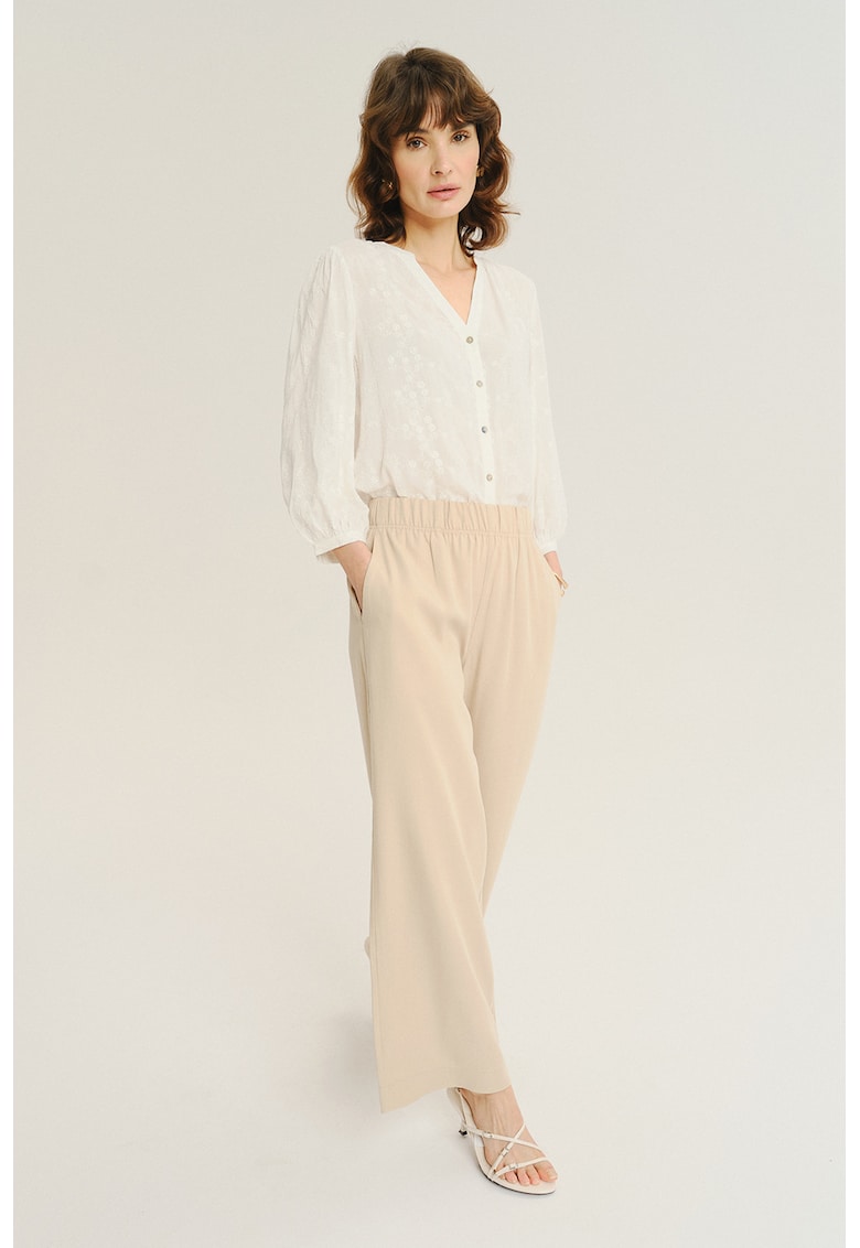 Pantaloni din lyocell cu croiala ampla si talie elastica - Crem