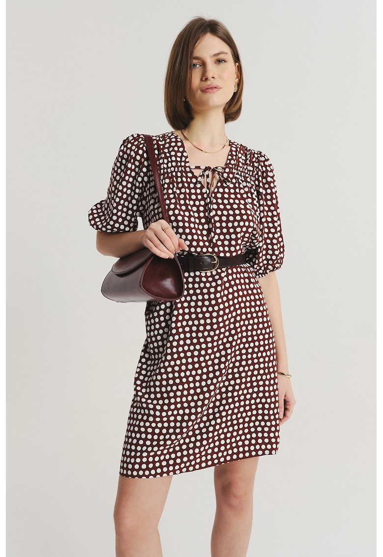 Rochie scurta cu maneci bufante - Visiniu/Alb optic