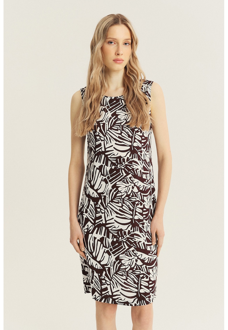 Rochie cu croiala dreapta si imprimeu floral - Maro cognac/Alb optic