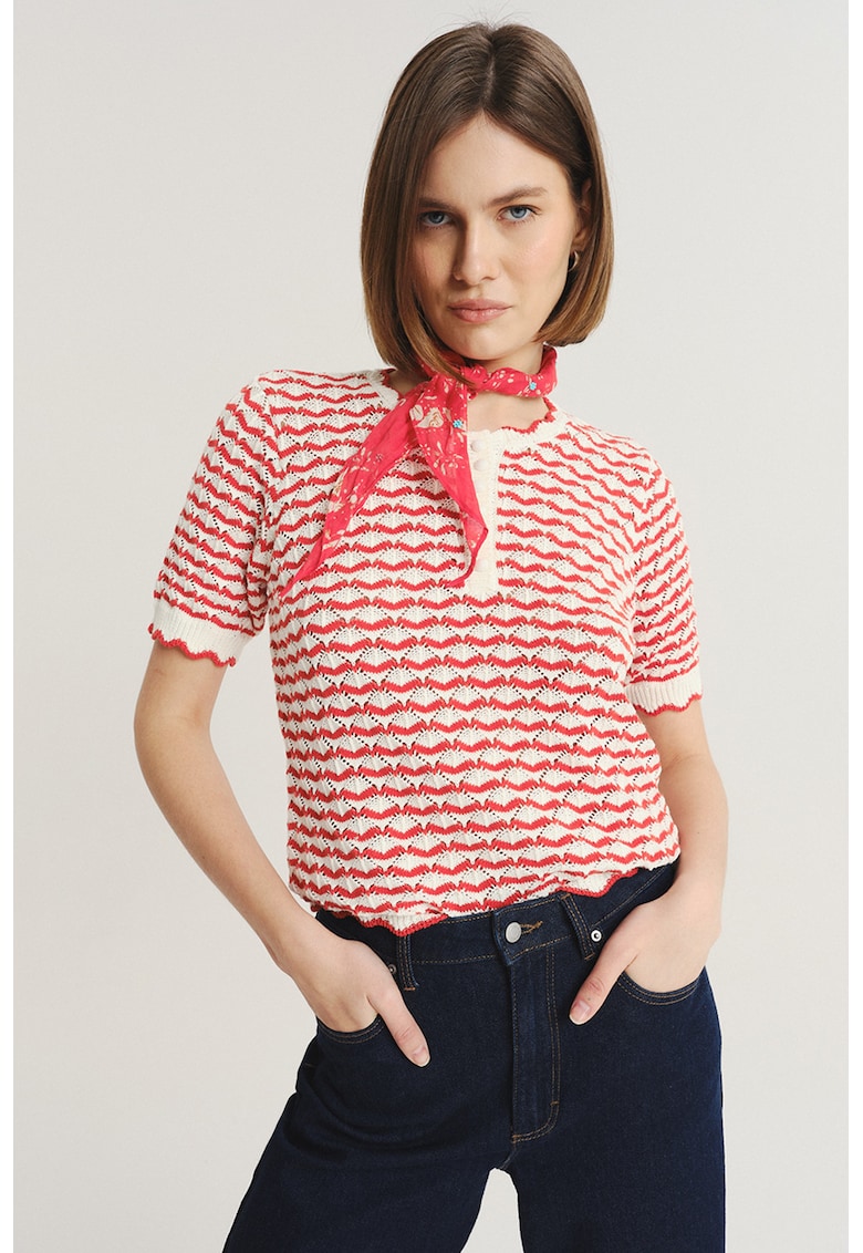 Pulover din bumbac cu model in dungi - Coral/Alb murdar
