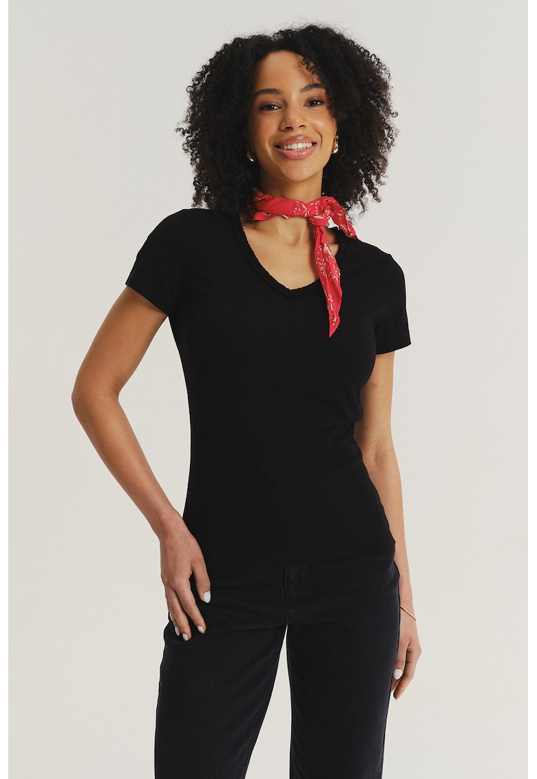 Tricou slim fit din amestec de bumbac cu decolteu in V - Negru