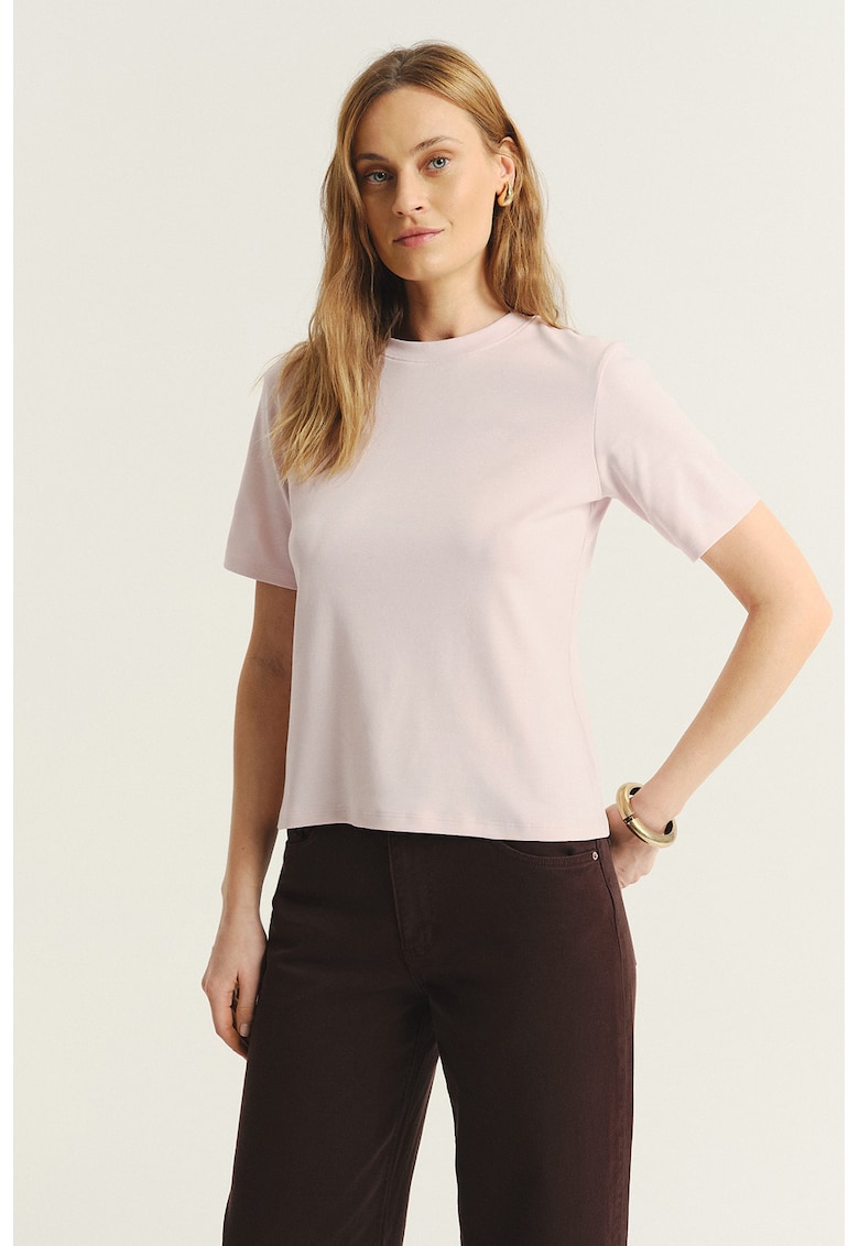 Tricou din bumbac cu model uni - Nude rose