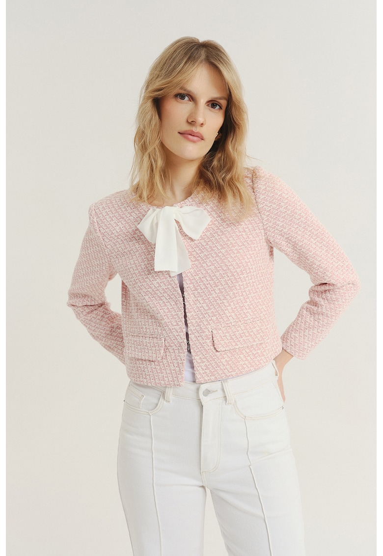 Sacou crop cu cravata - Alb murdar/Roz pal