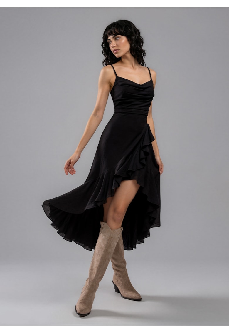 Rochie midi din in cu fusta asimetrica cu volane VOLLA - Negru
