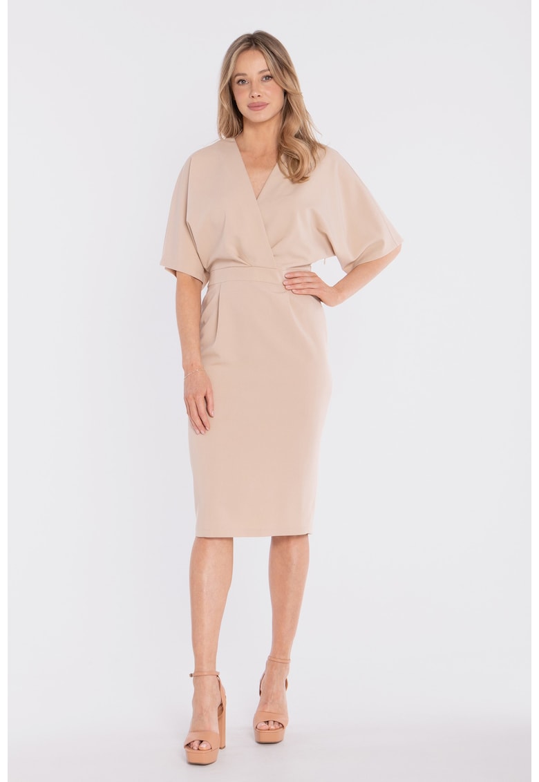 Rochie midi cu decolteu cache-coeur - concept A trois - Bej - Bej