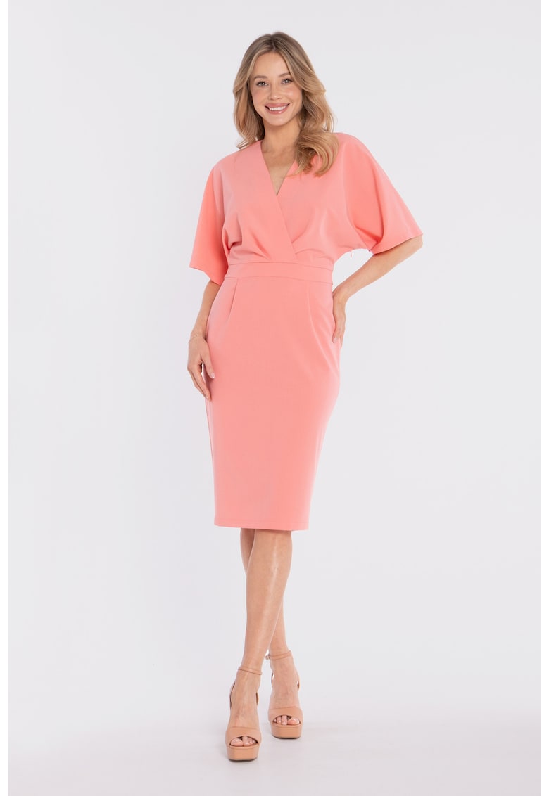 Rochie midi cu decolteu cache-coeur - concept A trois - Bej - Roz somon