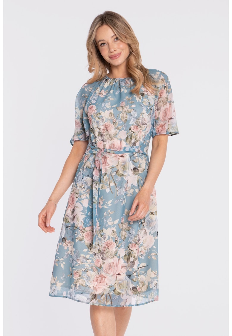 Rochie midi evazata cu cordon in talie - Multicolor